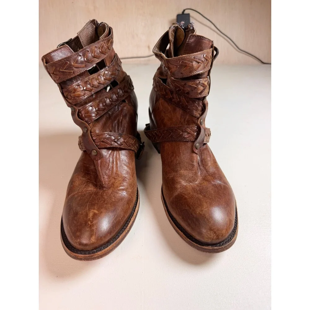 Bed Stu Glaye‎ Ankle Boots Womens Brown Size 8 Braided Triple Buckle Leather